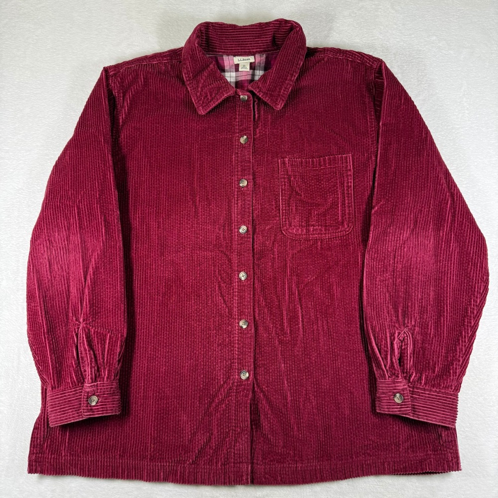 LL Bean Womens XL Maroon Flannel Lined Corduroy Button Front Shirt 273275
